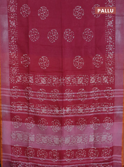 Pure linen saree dark pink and mustard yellow with batik butta prints and silver zari woven border