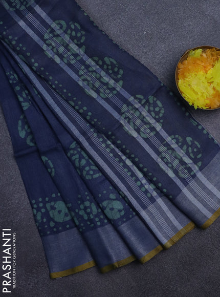 Pure linen saree peacock blue shade and mustard yellow with batik butta prints and silver zari woven border
