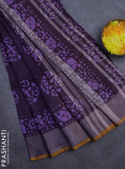 Pure linen saree deep violet and mustard yellow with batik butta prints and silver zari woven border