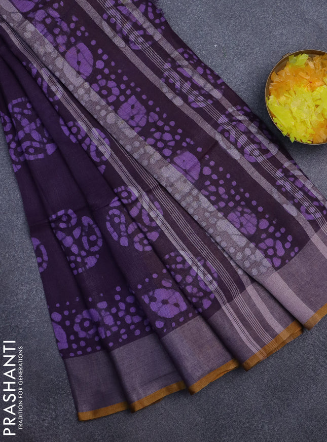 Pure linen saree deep violet and mustard yellow with batik butta prints and silver zari woven border