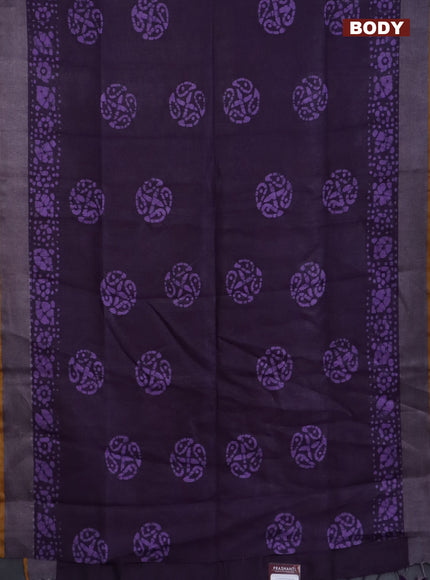 Pure linen saree deep violet and mustard yellow with batik butta prints and silver zari woven border