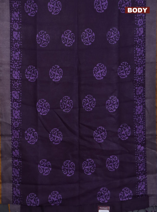 Pure linen saree deep violet and mustard yellow with batik butta prints and silver zari woven border