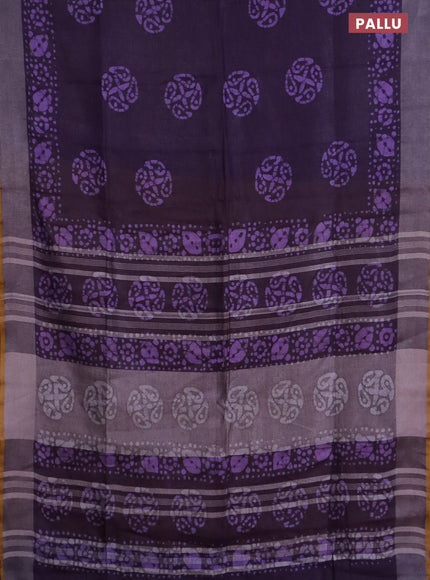 Pure linen saree deep violet and mustard yellow with batik butta prints and silver zari woven border