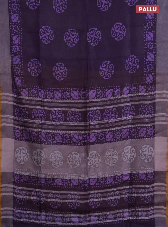 Pure linen saree deep violet and mustard yellow with batik butta prints and silver zari woven border