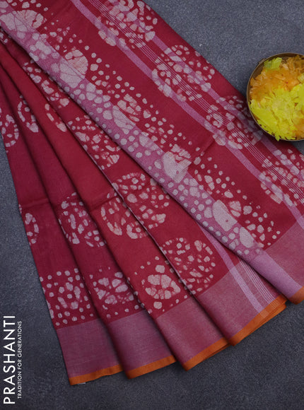 Pure linen saree dark pink and yellow with batik butta prints and silver zari woven border