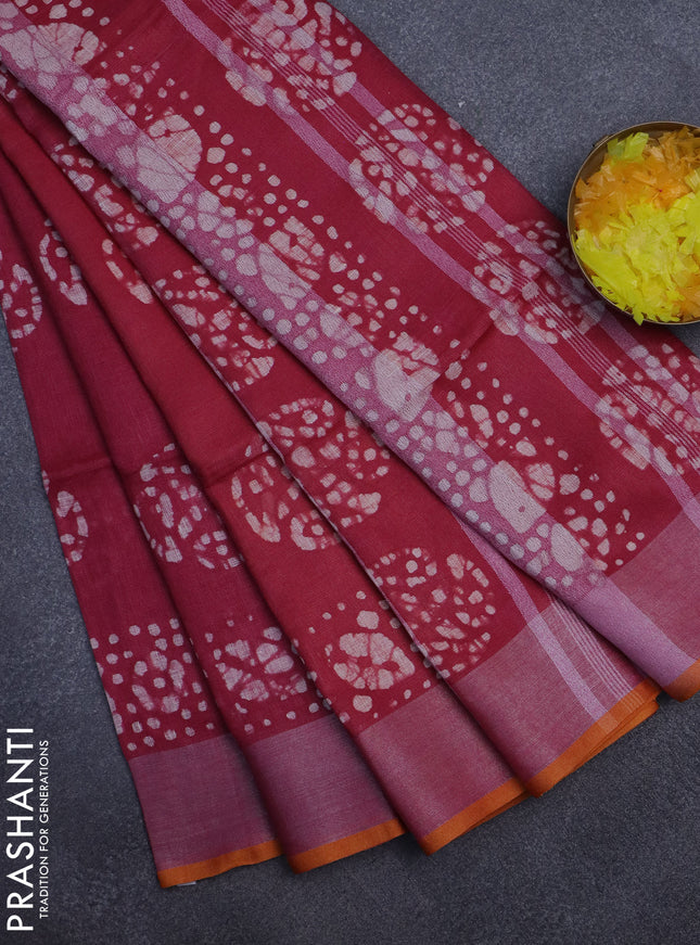 Pure linen saree dark pink and yellow with batik butta prints and silver zari woven border