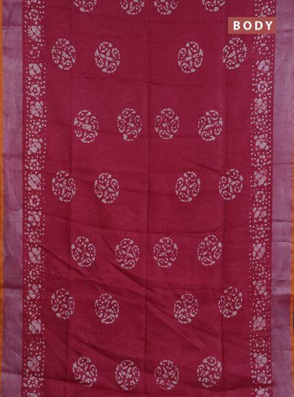 Pure linen saree dark pink and yellow with batik butta prints and silver zari woven border