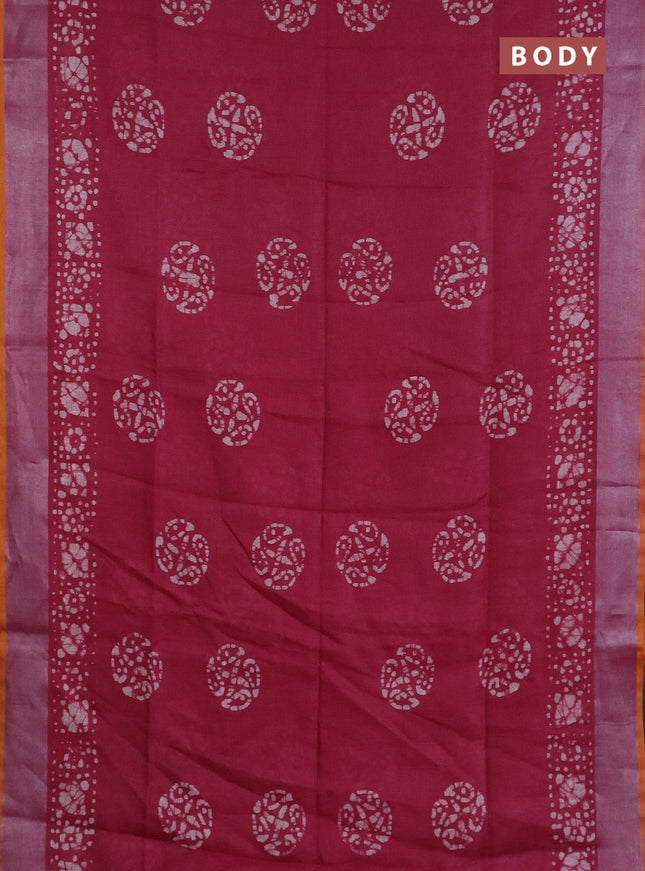 Pure linen saree dark pink and yellow with batik butta prints and silver zari woven border