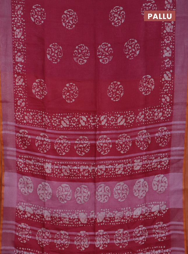 Pure linen saree dark pink and yellow with batik butta prints and silver zari woven border