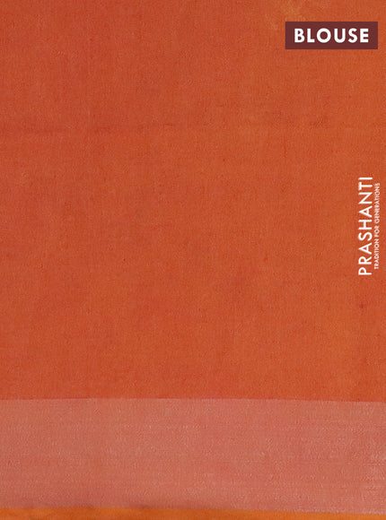 Pure linen saree dark pink and yellow with batik butta prints and silver zari woven border