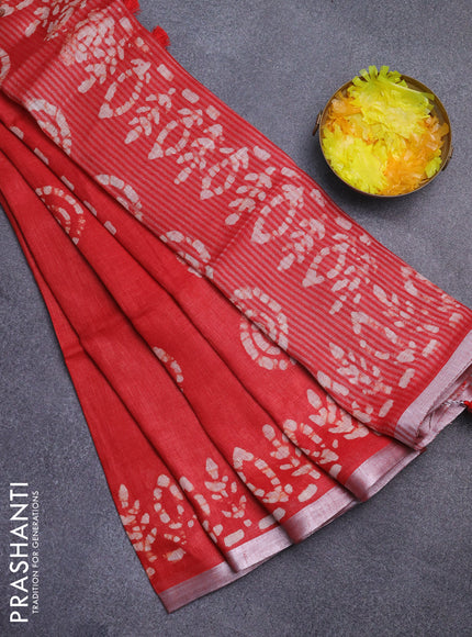 Pure linen saree red with batik butta prints and silver zari woven border