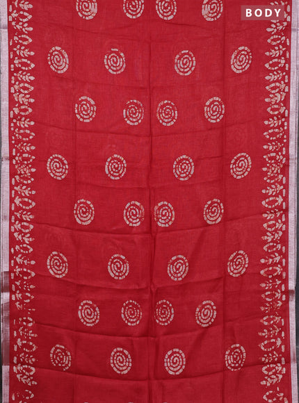 Pure linen saree red with batik butta prints and silver zari woven border