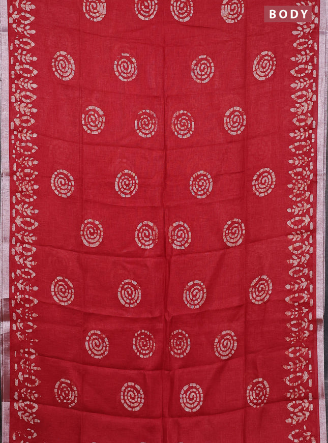 Pure linen saree red with batik butta prints and silver zari woven border