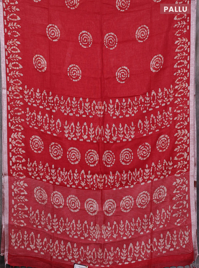 Pure linen saree red with batik butta prints and silver zari woven border