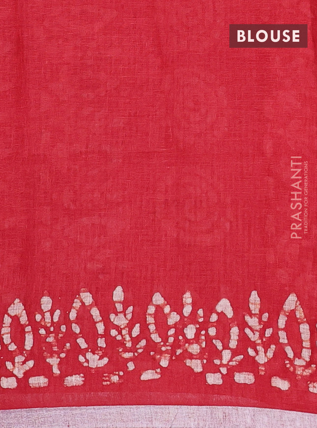 Pure linen saree red with batik butta prints and silver zari woven border