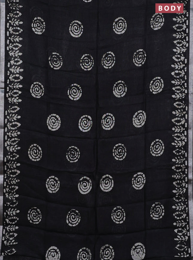 Pure linen saree black with batik butta prints and silver zari woven border