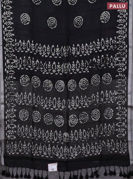 Pure linen saree black with batik butta prints and silver zari woven border