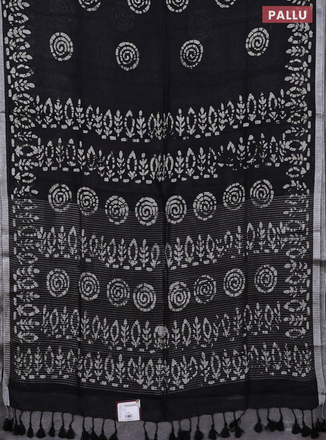 Pure linen saree black with batik butta prints and silver zari woven border