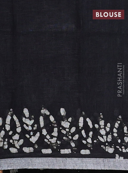 Pure linen saree black with batik butta prints and silver zari woven border