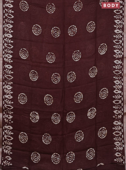 Pure linen saree brown with batik butta prints and silver zari woven border