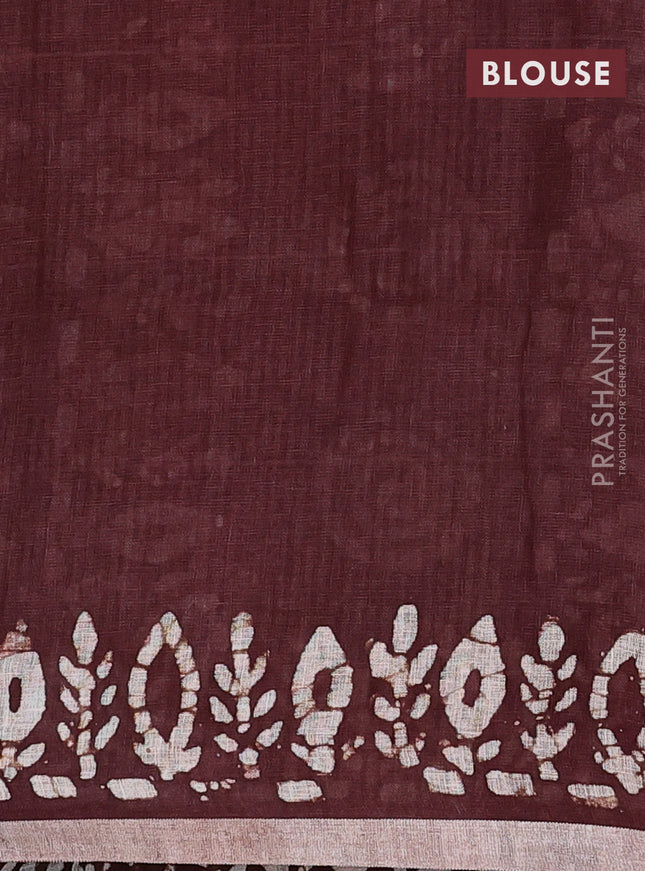 Pure linen saree brown with batik butta prints and silver zari woven border