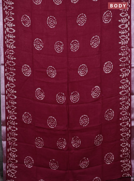 Pure linen saree dark magenta with batik butta prints and silver zari woven border