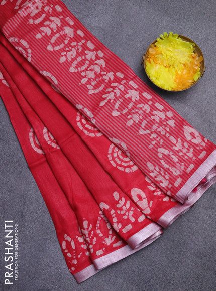 Pure linen saree pink with batik butta prints and silver zari woven border