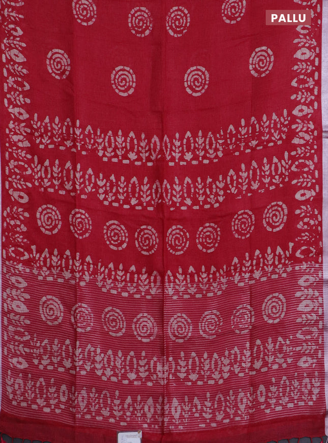 Pure linen saree pink with batik butta prints and silver zari woven border