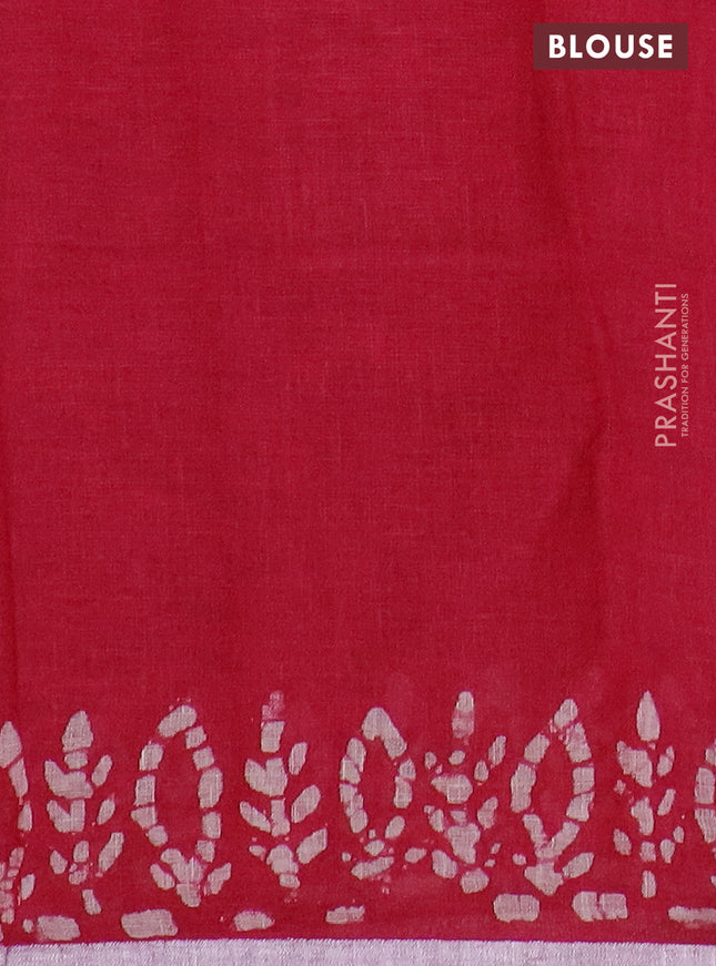 Pure linen saree pink with batik butta prints and silver zari woven border