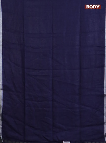 Pure linen saree dark blue with plain body and silver zari woven border