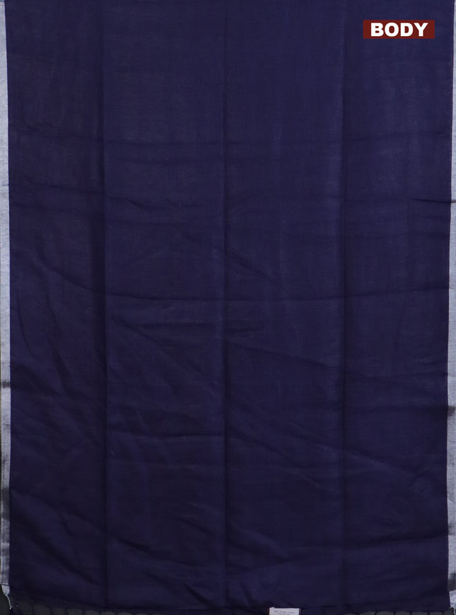 Pure linen saree dark blue with plain body and silver zari woven border