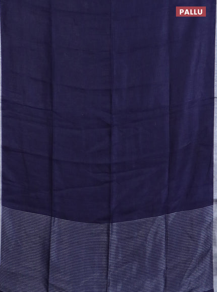 Pure linen saree dark blue with plain body and silver zari woven border