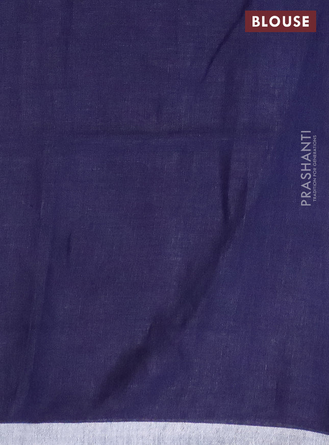 Pure linen saree dark blue with plain body and silver zari woven border