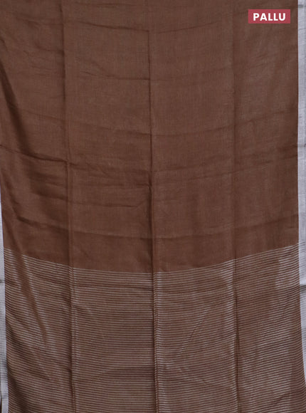 Pure linen saree dark sandal with plain body and silver zari woven border