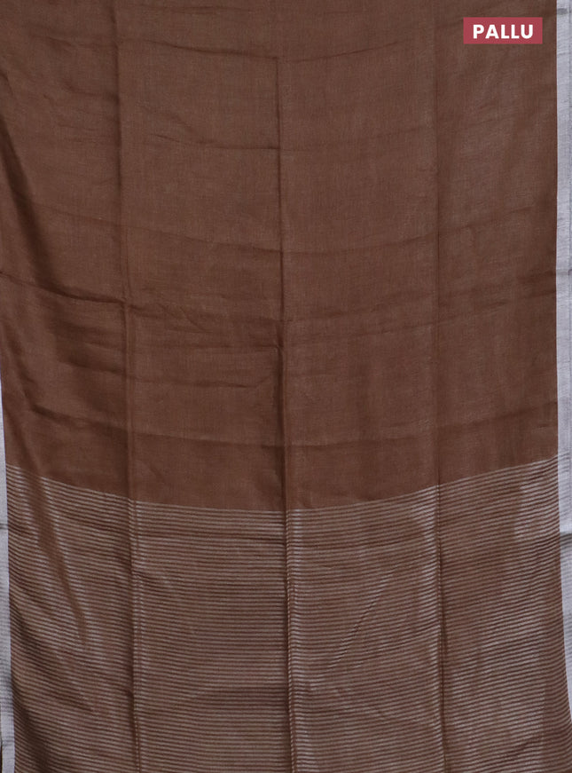 Pure linen saree dark sandal with plain body and silver zari woven border