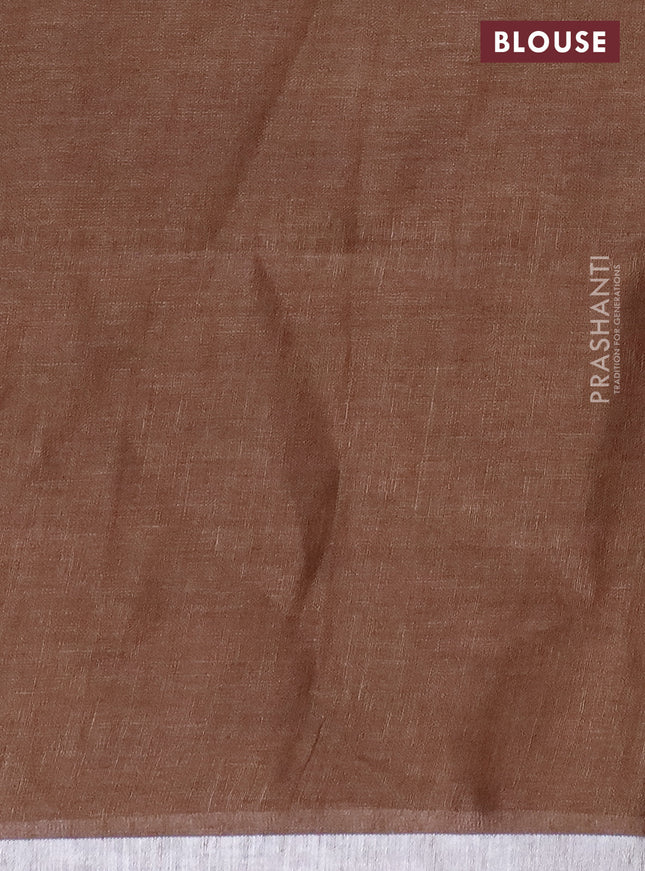 Pure linen saree dark sandal with plain body and silver zari woven border