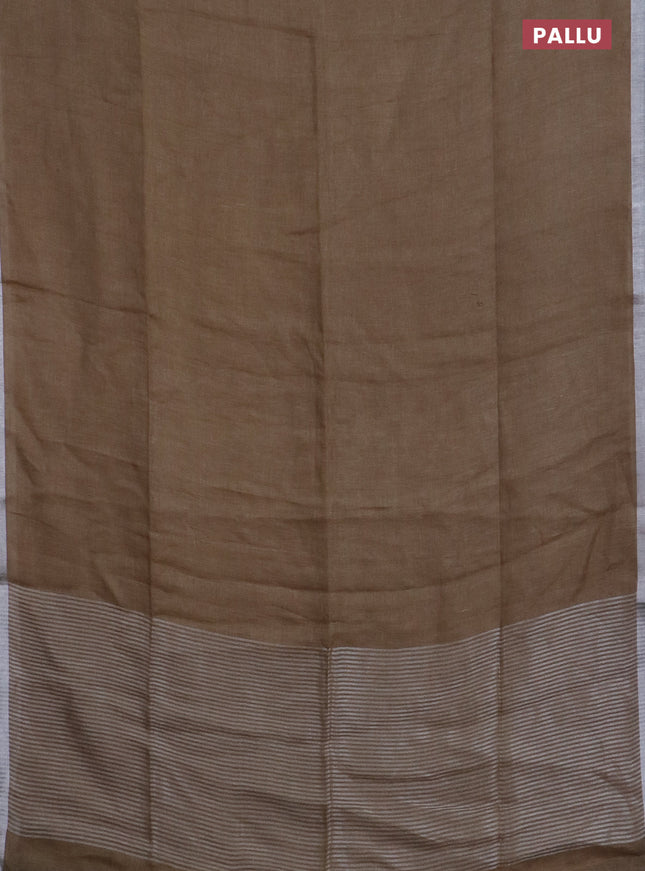 Pure linen saree sandal with plain body and silver zari woven border