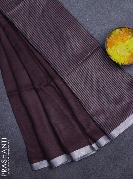 Pure linen saree brown with plain body and silver zari woven border