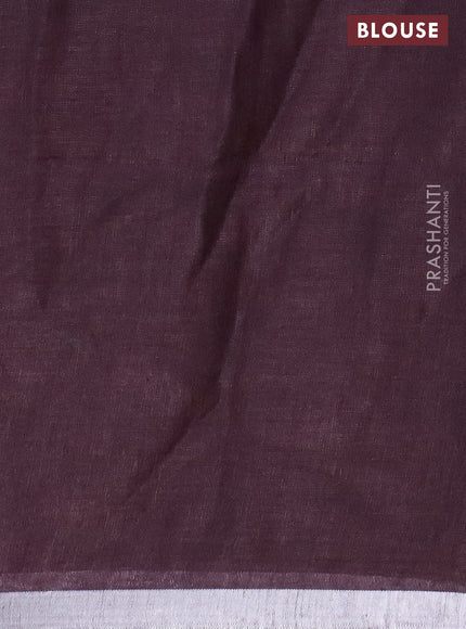 Pure linen saree brown with plain body and silver zari woven border