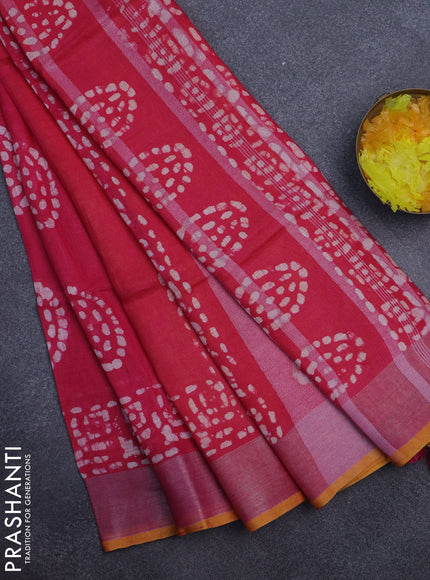 Pure linen saree pink with batik butta prints and silver zari woven border