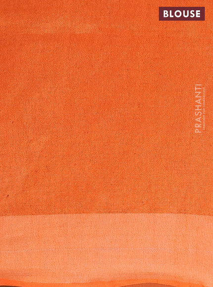 Pure linen saree dark mustard with batik butta prints and silver zari woven border