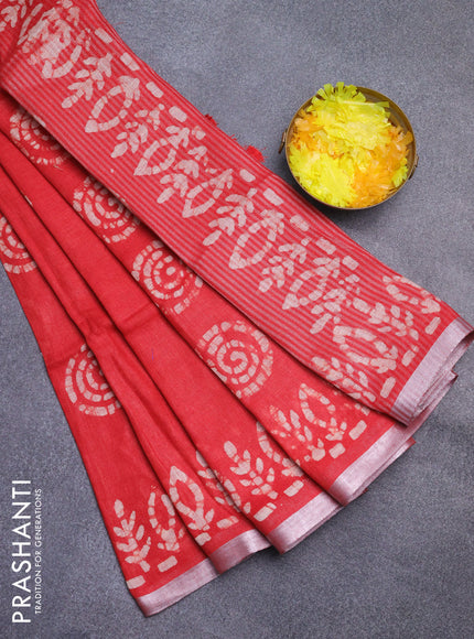 Pure linen saree red with batik butta prints and silver zari woven border