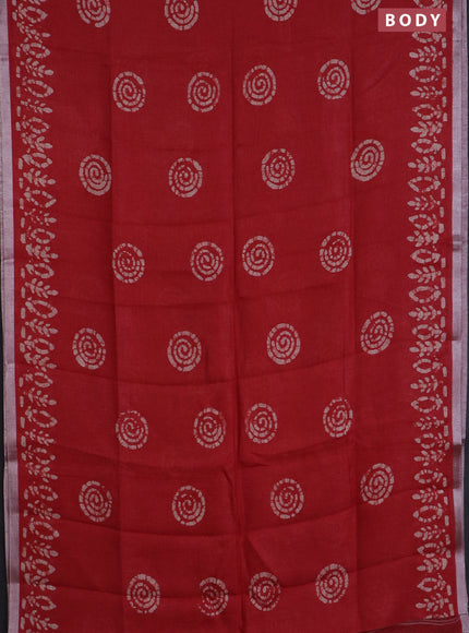 Pure linen saree red with batik butta prints and silver zari woven border