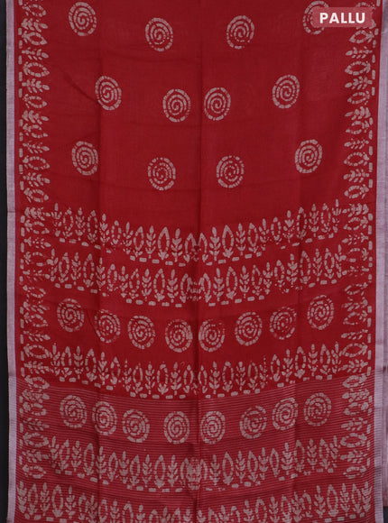 Pure linen saree red with batik butta prints and silver zari woven border