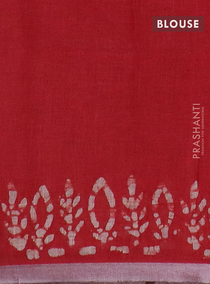 Pure linen saree red with batik butta prints and silver zari woven border