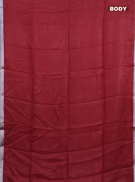 Pure linen saree maroon with plain body and silver zari woven border