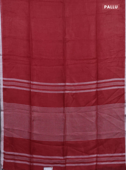 Pure linen saree maroon with plain body and silver zari woven border