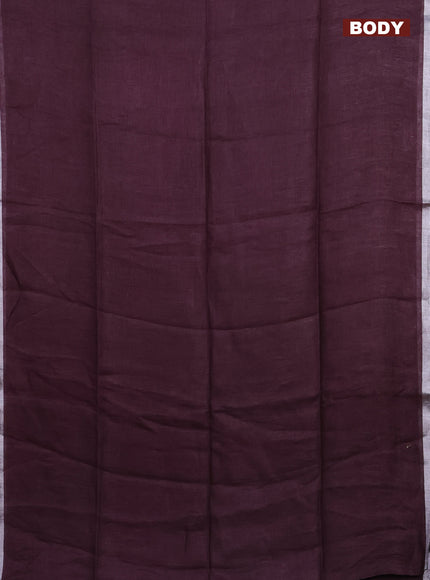 Pure linen saree deep wine shade with plain body and silver zari woven border