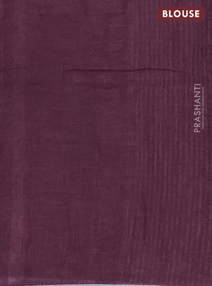 Pure linen saree deep wine shade with plain body and silver zari woven border