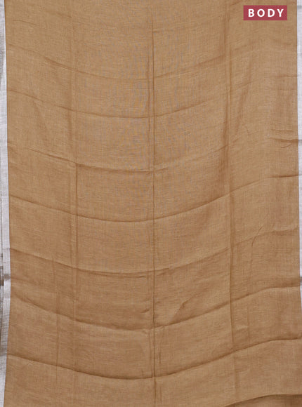 Pure linen saree sandal with plain body and silver zari woven border